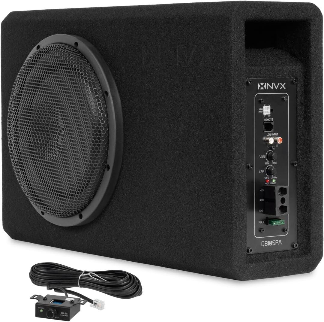 NVX QB10SPA 10" 1200W (350W RMS) Shallow Slot Ported Powered Subwoofer Enclosure  Built-in Amplifier, Metal Grille, Remote Bass Knob, Easy to Install in Cars & Trucks
