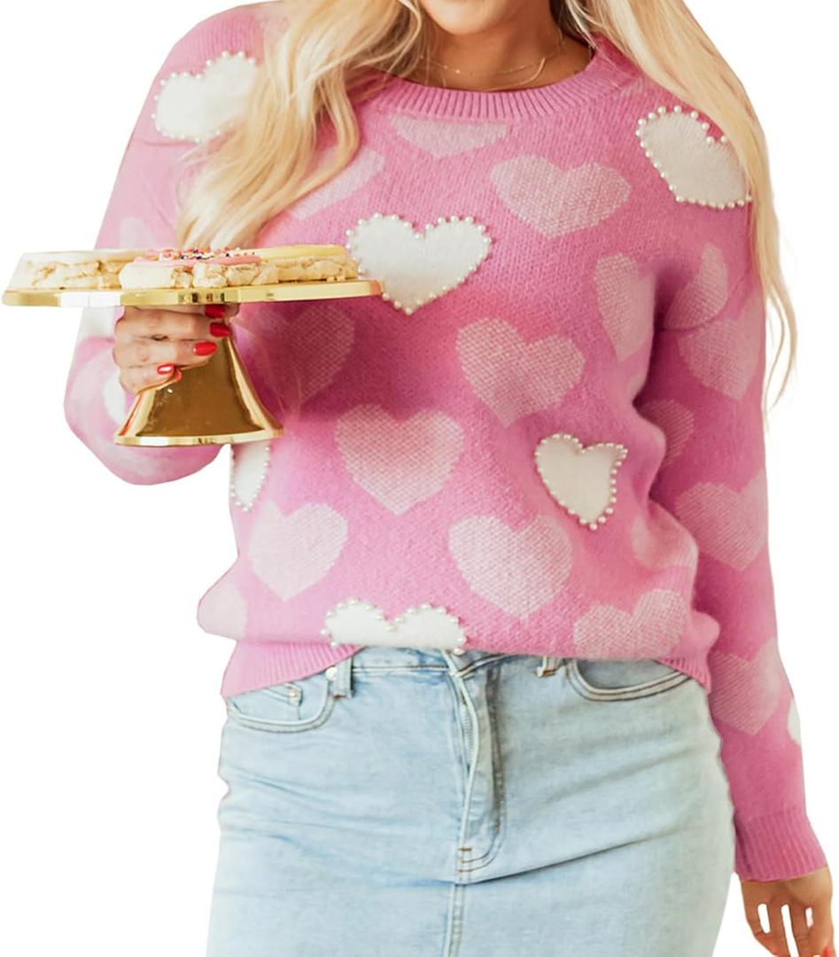 Women's Cute Valentines Sweater Love Heart Graphic Pearl Top Casual Long Sleeve Crew Neck Pullover Sweater (Medium, Pink Mom)
