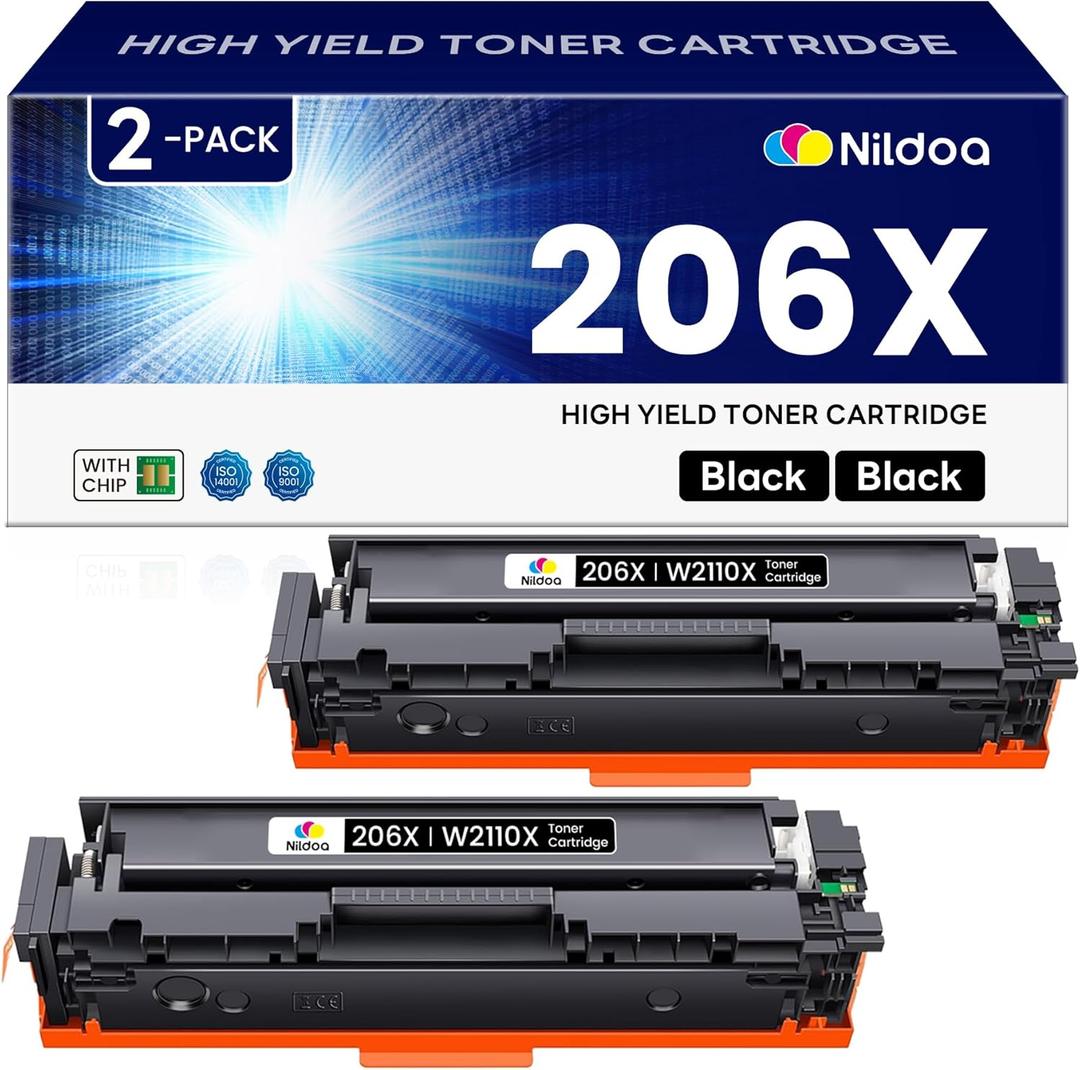 206X W2110X Toner Cartridge Black 2 Pack High Yield Replacement for HP 206X W2110X Color Pro M255dw M255nw; MFP M282nw M283cdw M283fdn M283fdw Ink Cartridges with Chip