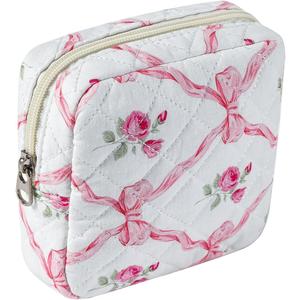Small Quilted Cotton Makeup Bag for Purse, Cosmetic Bag with Compartments, Cotton Aesthetic Makeup Bag, Travel Toiletry Pouch, Key Pocket Lipstick Bag Card Holder Data Cable Organizer (04Pink Bow)