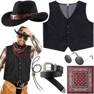 Vabean 6 Pcs Cowboy Costume Men Western Outfit Cowboy Vest Hat Necklace Belt Buckle Bandana Glasses for Halloween Cosplay (X-Large, Black)