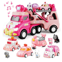 9 in 1 Carrier Truck Cars Toys - Pink Princess Girl Car with Light and Sound - Toddler Toys Age 1-4