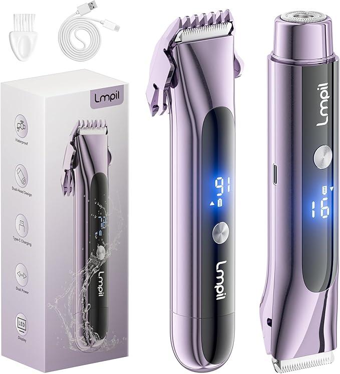 Bikini Trimmer for Women, 2-in-1 Electric Razor with Dual Heads, Ceramic Blade, Waterproof & Rechargeable, Painless Pubic Hair Shaver for Bikini, Underarm, Legs, Face - MutedPurple