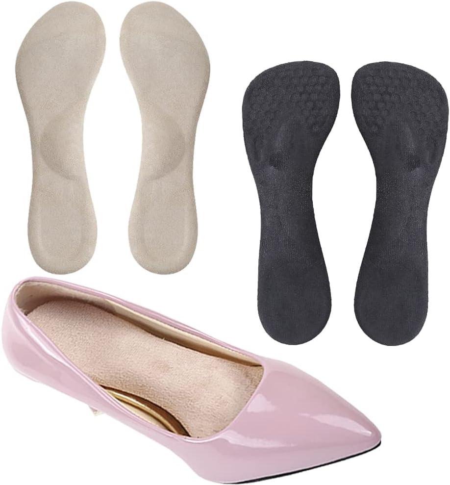High Heel Inserts Women, Adhesive Velvety Cushioning Insoles for High Heels Anti-Slip,  Gel Cushion Shoe Insoles Pain Relief, Arch Support Shoe Inserts High Arch Flat Feet, 2 Pairs, Beige+Black (5-8 US size)