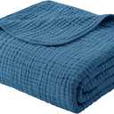 Yoofoss Muslin Blanket 100% Organic Cotton Large Twin Size 60" x 80" for Bed Couch Summer Gauze Blanket for Adults Lightweight and Breathable Dark Blue