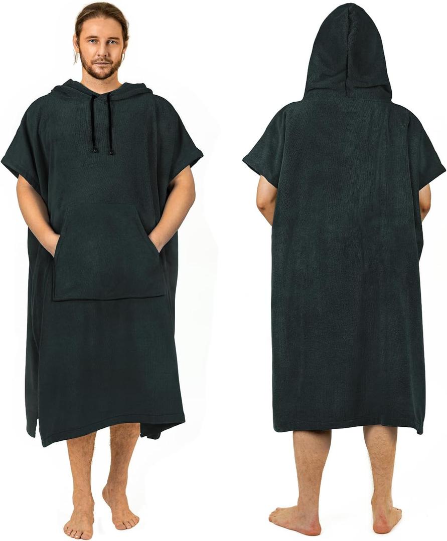Surf Poncho Changing Robe Extra Large Thick Towel Poncho for Men Women with Hood Pocket for Beach Swimming, 47"x37", Black