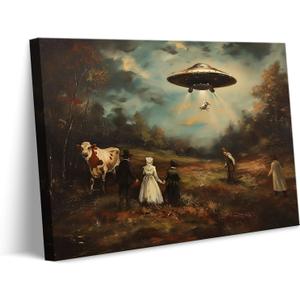Retro UFO Canvas Wall Art Whimsical Alien Abduction Wall Decor Pictures Victorian Landscape Funny Altered Poster Prints Eclectic Trippy Spaceship Artwork for Living Room Bedroom Decoration 12x16in