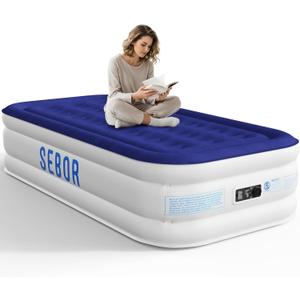 Sebor Air Mattress Twin with Built-in Pump 18", Comfortable Self-Inflating Air Mattress with High-Speed Pump, Durable Blow Up Mattress Twin with Storage Bag for Guests, Camping, Travel (Blue White)