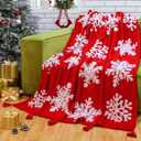 Christmas Snowflakes Throw Blanket Gift Winter Snowflakes Red Fleece Soft Warm Christmas Throw Blanket with Tassels 50x60 Inch for Xmas Holiday Bed Sofa Home Couch Decoration