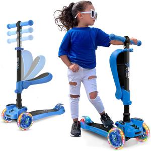 Hurtle 3-Wheeled Scooter for Kids - Wheel LED Lights, Adjustable Lean-to-Steer Handlebar, and Foldable Seat - Sit or Stand Ride with Brake for Boys and Girls Ages 1-14 Years Old (Blue)