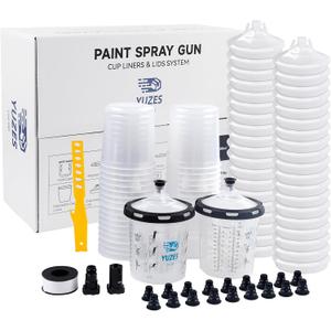 YUZES Disposable Paint Gun Cups 20 Ounce(600ML), 40 Disposable Paint Cups Liners and Lid, 2 Hard Cup with Retainer Ring, 20 Plugs, PTFE Tape, Stirrer, 2 Spray Gun Adapter, for Mix, Spray, Store Paint (20 oz 40-Pack Kit)