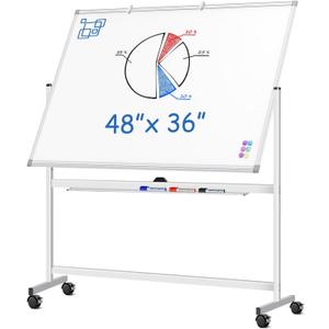 Large Rolling White Board, 48x36 in Double-Sided Mobile Whiteboard, maxtek Reversible Magnetic Dry Erase Board Easel Standing Whiteboard on Wheels Portable Board for Office Classroom and Home, Silver