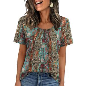 WIHOLL Women T Shirts Pleated Short Sleeve Tops Business Casual Dressy Blouses, XL