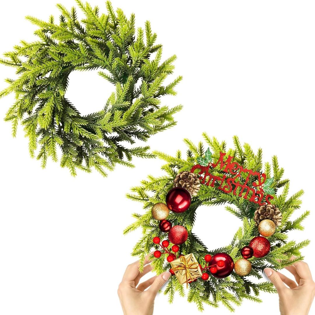 2 Pcs Christmas DIY Green Wreath 10 Inch Green Artificial Wreaths DIY Faux Plain Wreaths Front Door Green Farmhouse Cabinets Wreath Indoor Outdoor Wall Decor(Pine Needle)