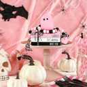 Pink Halloween Decorations 5PCS Table Centerpieces, Cute Girlie Tabletop Halloween Decor for Tiered Tray Shelf Mantel Fire Place Office Desk Rustic Farmhouse Wood Faux Book Stack and Ghosts Sign