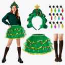 Beipegin Christmas Tree Costume Women Include Christmas Tree Skirt Headband Socks and Xmas Decorations Lights for Xmas Party Small