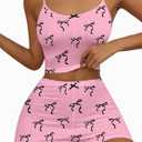 Hilinker Womens Graphic 2 Piece Pajama Set Summer Cute Crop Cami and Shorts Ribbed Lounge Sets (X-Small, Pink Black Bow Tie)