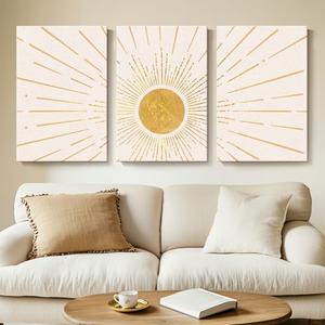 Large Boho Gold Sun Wall Art, Set of 3 Piece Modern Minimalist Big Size Canvas Prints Artwork for Walls, Bohemian Sunrise Paintings Picture for Living Room Bedroom Hallway Office Wall Decor 16x24 Inch