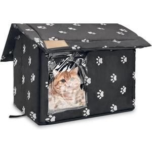 Fhiny Stray Cats Shelter, Waterproof Outdoor Cat House Foldable Warm Pet Cave for Winter Wild Animal Tent Bed Anti-Slip Kitten Cave for Feral Cat Dog Puppy Weatherproof Black (L: 17.7" x 15" x 16.5")