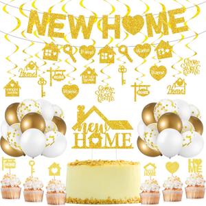 Gold Glitter New Home Party Decorations Housewarming Banner Hanging Swirls Cupcake Toppers for Housewarming Party Decorations Family New Chapter Sign