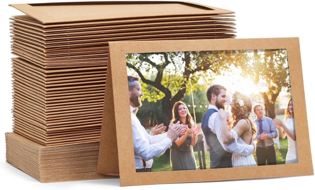 Best Paper Greetings 48-Pack Brown Card Stock Photo Frame Cards - 4.75 x 6.8 In Kraft Paper with Envelopes - Blank Interior & Photo Insert Window - Interchangeable Mat for DIY Floral Greetings