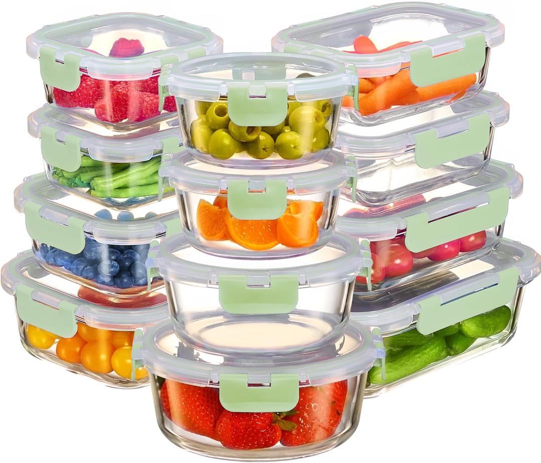 FineDine 24 Piece Glass Storage Containers with Lids - Airtight, Leak Proof, Dishwasher Safe, Glass Food Storage, Food Storage Containers, Meal Prep Containers, Green