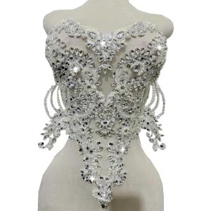 Handmade red/Blue/Gold/Green Rhinestones lace Bodice Applique Sewing Beads Crystal Trim Patches Accessory for Dress Clothes (White)