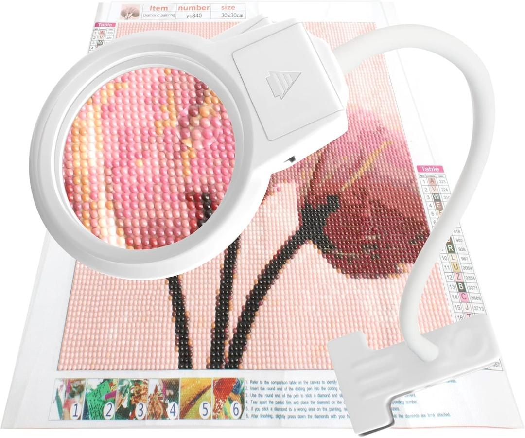 LED Magnifying Lamp for Diamond Painting Tools, 4X & 6X Magnifier LED Light with Clip and Flexible Neck for 5D Diamond Painting and Cross Stitch Tool Accessory Magnifier Lamp, White
