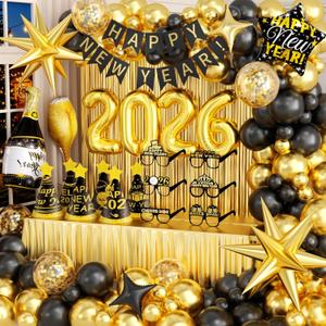 New Years Decorations 2026 Eve Party Supplies with Glasses Hats Black Gold Confetti Balloons 2026 Number Balloons New Year Banner Gold Fringe Curtain Backdrop for Nye Decorations