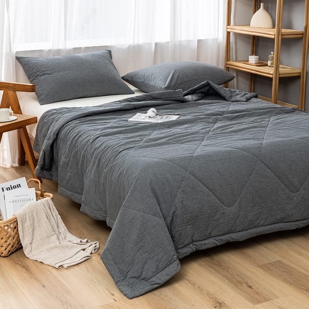 NTCOCO Summer Lightweight Comforter Set,Thin Quilt,100% Washed Cotton,Machine Washable,Soft Comfy Breathable Can Sleep Naked(Queen,Soot Grey