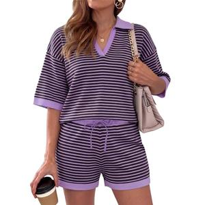 2 Piece Sets for Women Summer Outfits Waffle Stripe Knit Short Sleeve Matching Lounge Set with Pockets M