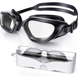 Swim Goggles, Unisex Adult Swimming Goggles Anti Fog Anti UV No Leakage Wide View for Men Women Youth (Black/Clear Smoke)