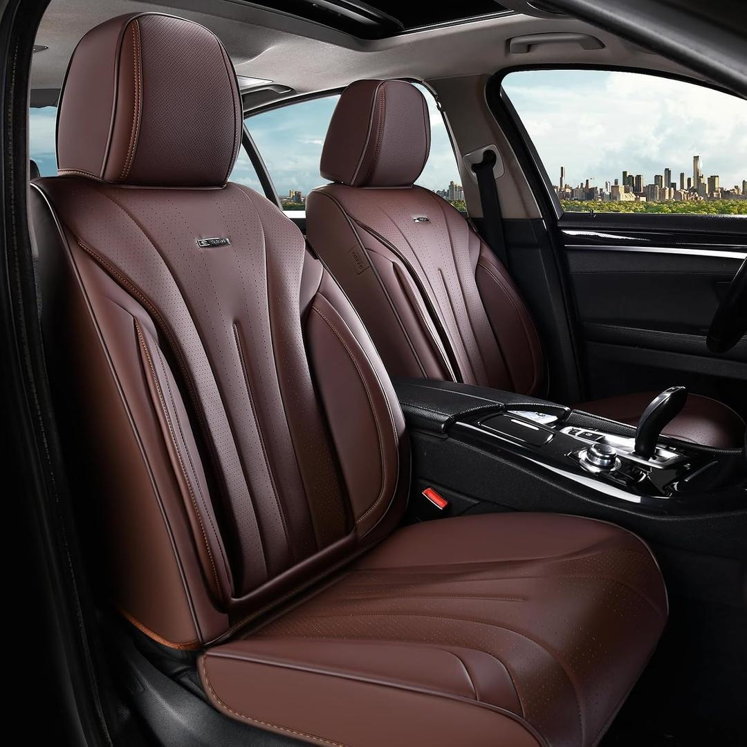 Coverado Front Seat Covers for Cars, Universal Car Seat Covers, 2 PCS Waterproof Leather Seat Cover, Driver Seat Covers Front Car Seat Protector, Breathable Car Seat Cushions Fit for Most Cars, Coffee