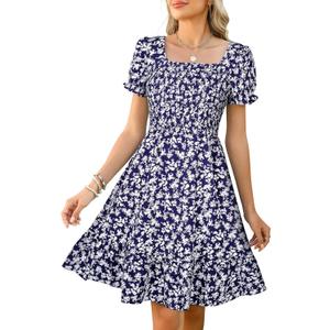 Lyrur Women's Short Sleeve Summer Dresses 2025 Spring Casual Square Neck Easter Dress A-Line Tiered Sundress with Pockets XL 