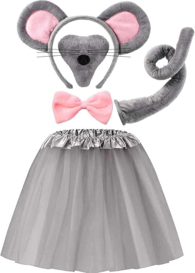 Geyoga Kids Mouse Costume Set Mouse Tutu Skirt Animal Ears Nose Bow Tie Tail Tutu Skirt Fancy Costume Accessories Halloween (Gray)