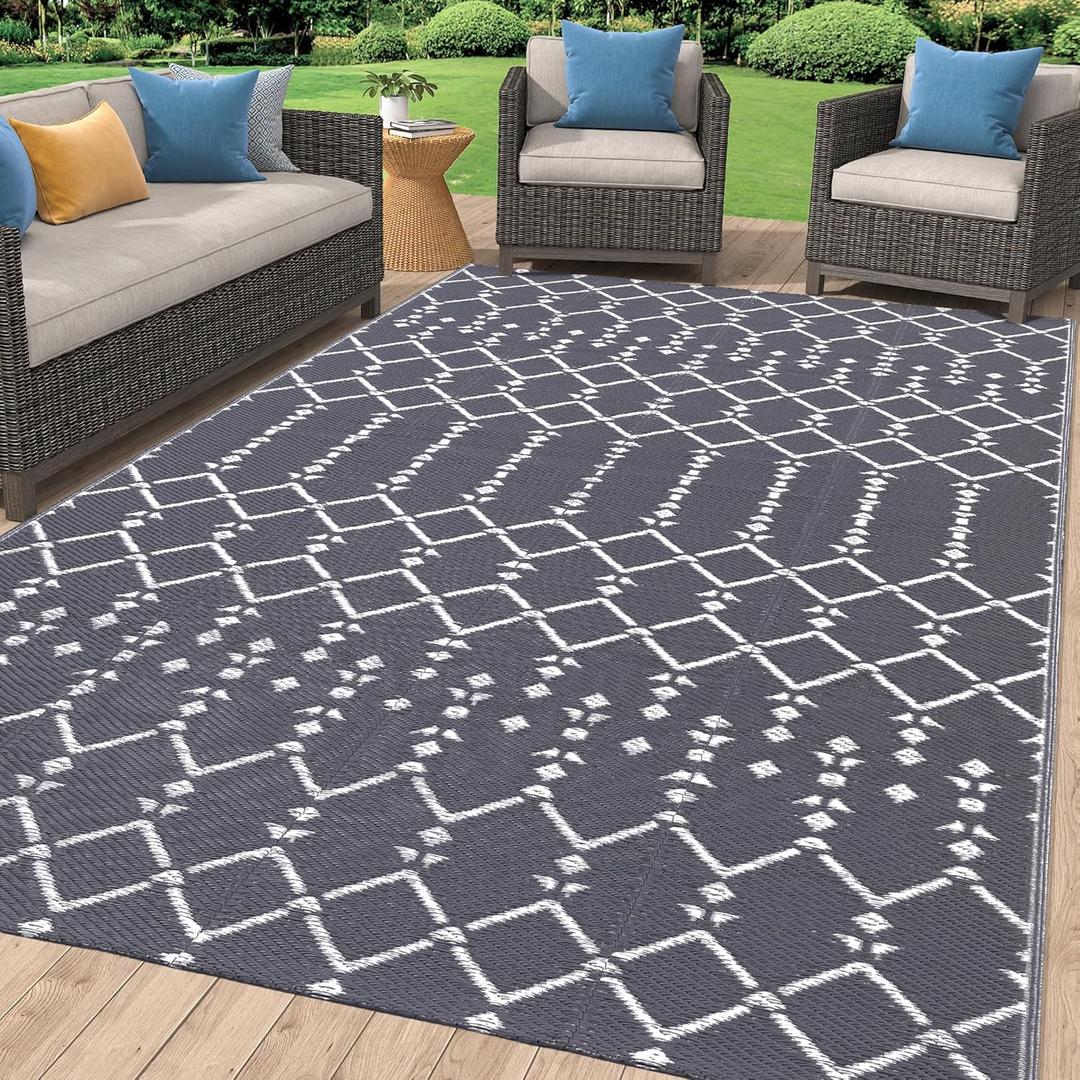 Smiry Outdoor Rug 5x8 ft, Waterproof Reversible Plastic Straw Rugs, Boho Outdoor Area Rug, Outside Floor Mat for Patio, Backyard, Deck, Picnic, Beach, Camping, Grey