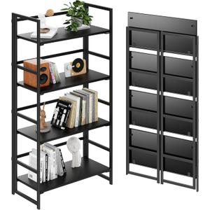 BHG Vintage Multifunctional Folding Bookshelf, No-Assembly Plant Stand Storage Rack Shelves for Home Office (All Black, 4-Tier)