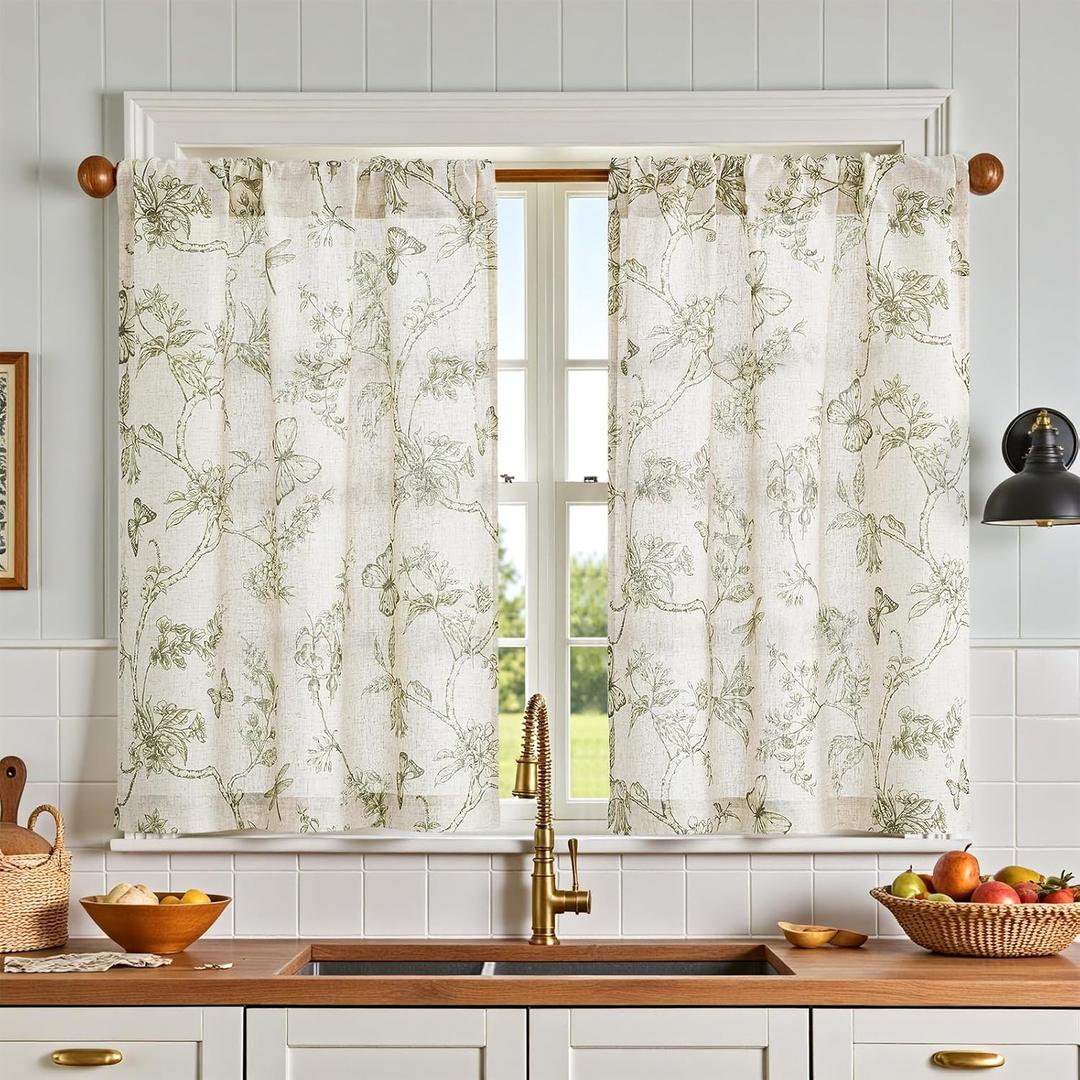 jinchan Floral Kitchen Curtains for Windows 24 Inch Farmhouse Country Linen Tier Curtains Botanic Small Window Drapes for Living Room Bathroom Laundry RV Rod Pocket Rustic 2 Panels Green on Beige