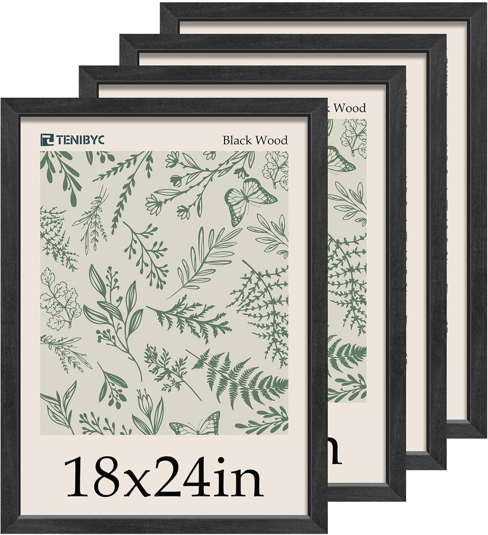 18x24 Poster Frame, Black Wood, 4 Pack, Wall Mounting Display