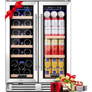 BODEGA 24 Inch Wine and Beverage Refrigerator, Dual Zone Wine and Bar Beverage Cooler, Commercial Black Bar Cooler With 2 Glass Doors, Bar Fridge Hold 19 Bottles and 57 Cans,Built-In or Freestanding. (Silver)