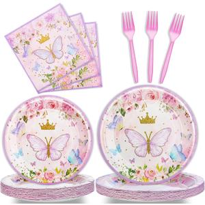 96 Pcs Butterfly Birthday Party Plates Napkins Forks Supplies Tableware Set Disposable Table Butterfly Theme Decoration for Girl Birthday Party or Baby Shower, Serves 24 Guests