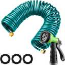 Pangda 25 Ft x 3/8'' Coil Garden Hose EVA Recoil Garden Self Coiling Expanding Water Hose with 6 Function Spray Nozzle Universal 3/4'' Brass Connector Fitting for Outdoor Yard(Green)