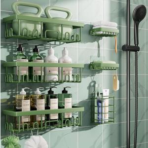 Veken Rustproof & Waterproof Shower Caddy 6-Pack, No Drilling Adhesive Shelves Rack with Soap Holder, Large Capacity Bathroom Organizers and Storage, Wall-Mounted Kitchen & Home Decor, H. Green, 6-Piece Set for Master Bathroom (Rustproof Upgrade)