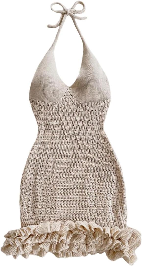 GORGLITTER Women's Vacation Outfit Crochet Halter Knit Bubble Mini Dress Sexy Beach Cruise Summer Miami Resort Outfits, Large