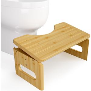 AmazerBath 7 Inches & 9 Inches Adjustable Height Bamboo Toilet Stool Squat Adult for Bathroom Poop Stool with Built-in Bracket, Potty Step Stool with Non-Slip Layer for Bathroom Natural Color