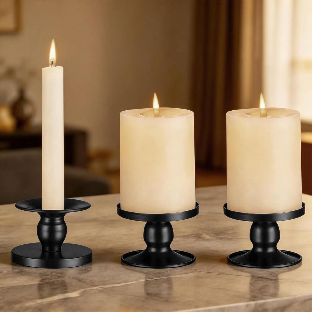 Pillar & Taper Dual Candle Holder: Fit 3" D and 0.87" D Candles - Stable Wide Base & Easy Clean - Smooth Metal Texture Candlestick for Holiday Home Table Centerpiece Decor - Set of 3 Gift (Black)