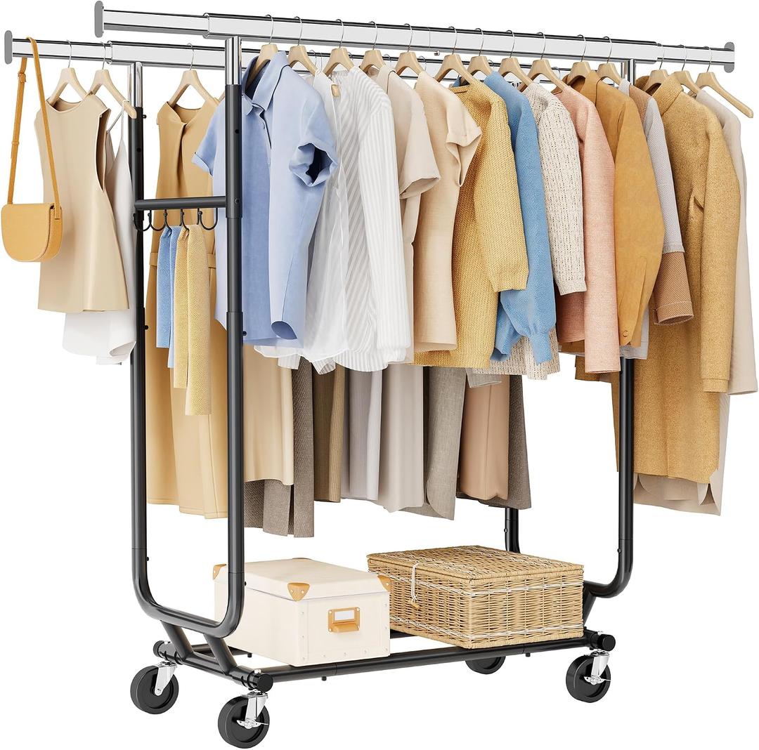 Tajsoon Double Rod Clothes Rack 480 LBS Heavy Duty, Rolling Clothing Rack with Wheels, Collapsible Clothing Rack for Hanging Clothes, Adjustable Commercial Garment Rack with Shelf, Black