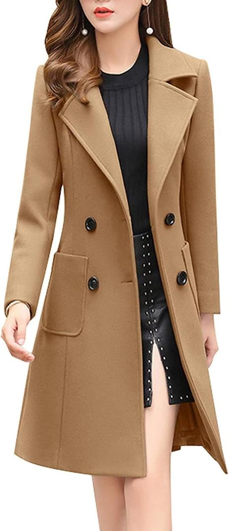 chouyatou Women Elegant Notched Collar Double Breasted Wool Blend Over Coat (Large, Camel)