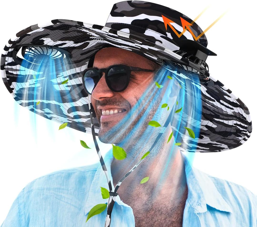 Berlune Men Sun Hat with 2 Solar Fan Fishing Wide Brim Sun Hat for Beach Outdoor Summer Camping, USB & Solar Powered (Black and White)