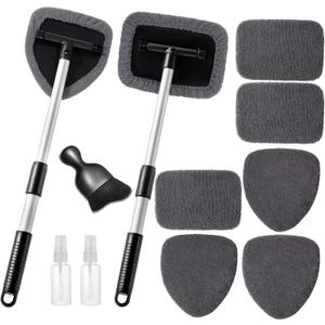 Qydipclin 11pcs Windshield Cleaner Tool, Car Window Cleaning Wash Kit with 6 Reusable Microfiber Pads 2 Spray Bottles and Extendable Handles Auto Glass Wiper Kit, Gray